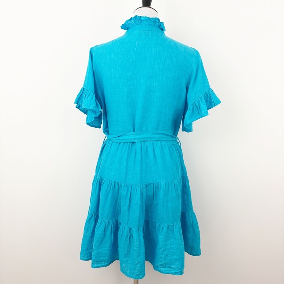 Mille Violetta Ruffle Tie Waist Mini Dress Size M Aqua Linen Tiered Short Sleeve - Picture 3 of 10